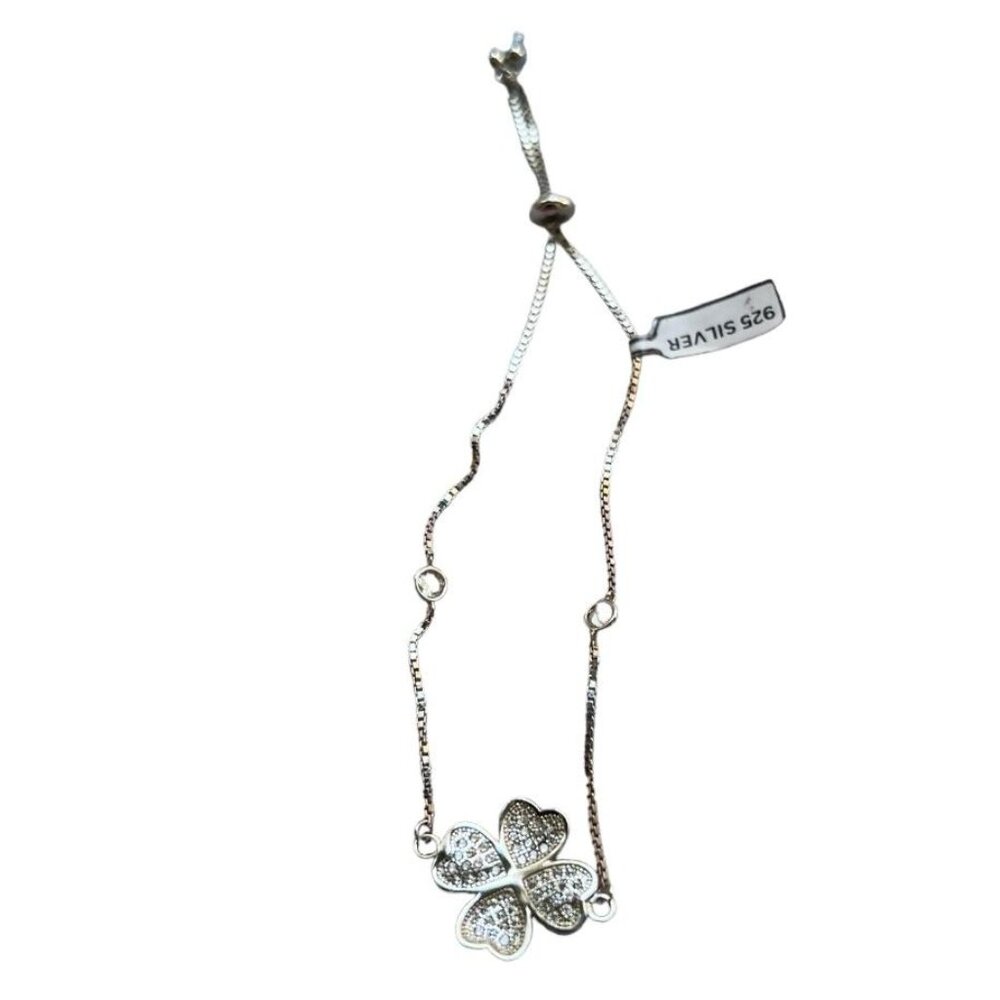 925 Sterling Silver Four Leaves Clover Studded Link Charm Adjustable Bracelet - Picture 4 of 5